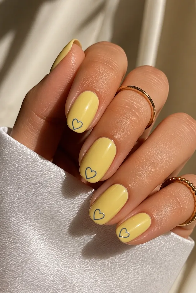 Nails are solid buttercream yellow. At the tip area, there are small blue outline hearts on each nail, centered. Glossy finish.