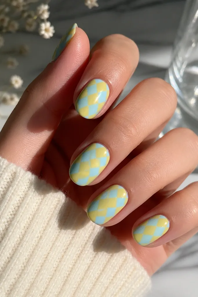 Diagonal checker pattern on each nail. Alternating squares of citrus yellow and powder blue run at an angle. Each square has clean borders. Glossy finish.