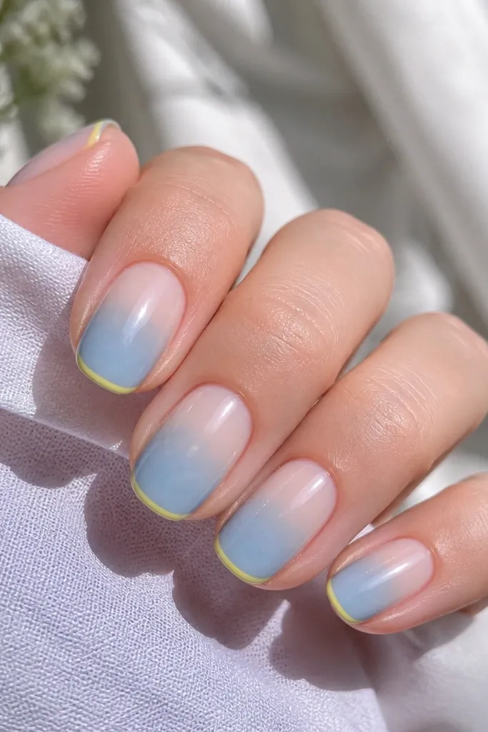 Nails have a soft watercolor wash of powder blue across the lower half, fading upward. The nail tips have a thin yellow edge line. Glossy finish.