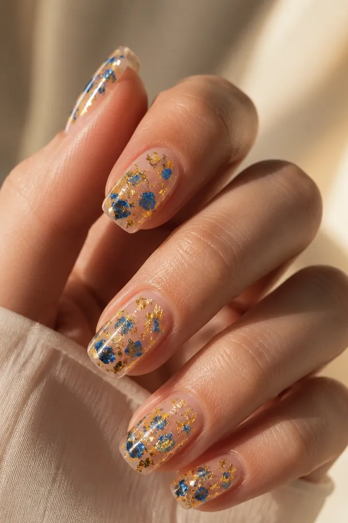 Nails are clear or sheer nude with scattered foil flakes. Yellow foil catches light on two nails; blue foil flakes appear on the others. Finish is glossy with noticeable sparkle.