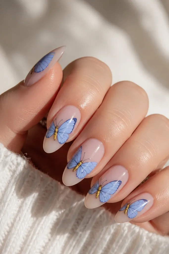 Nails have a sheer base. On each nail, there are small blue butterfly wing shapes near the center and a thin yellow body line through the middle. Glossy finish.