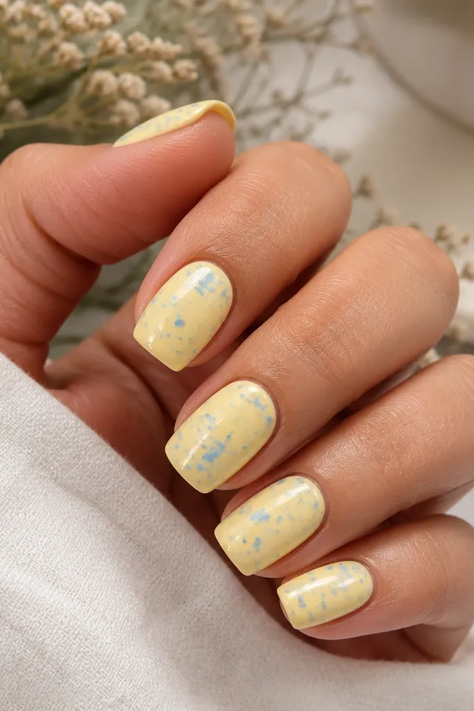 Nails are light yellow base with scattered tiny blue marble confetti bits. The blue pieces look like broken paint chips with soft edges. Glossy finish.