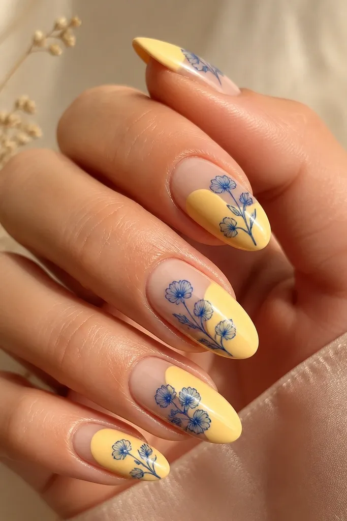 Nails have a bright pale yellow base with small blue floral outlines placed near the cuticle on each nail. The flowers are line art, not filled. Glossy finish.
