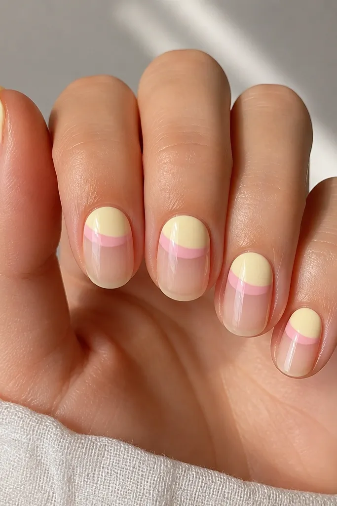 Short oval nails. The top third is painted butter light yellow with a soft curved edge. A sheer baby-pink curve sits right under the yellow, like a smile line near the cuticle.