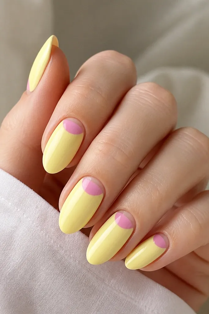 Medium-length almond nails. Most of each nail is light yellow. Near the cuticle, a rounded pink half-moon sits centered, leaving a tiny gap of natural nail at the very edge.