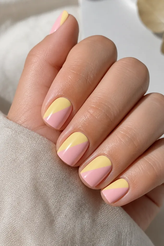 Square-short nails. A diagonal line divides the nail: one side is light yellow, the other is soft pink. The diagonal edge is crisp and straight like a graphic manicure.
