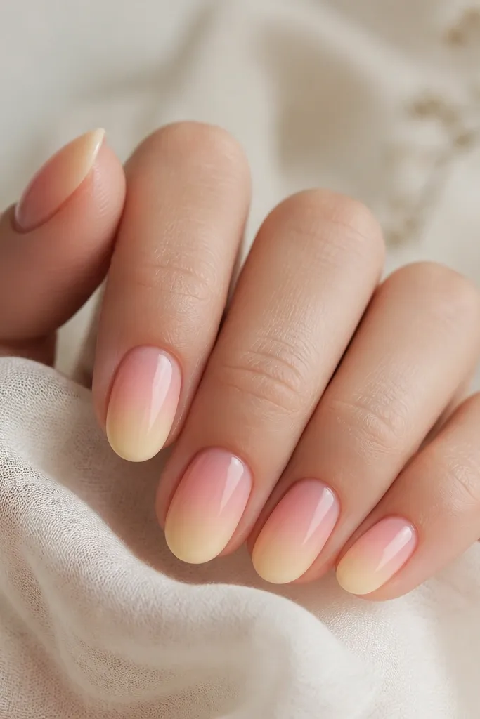 Short oval nails with a soft fade. Pink is stronger near the cuticle and fades into light yellow toward the tip. The gradient is airy, not striped.