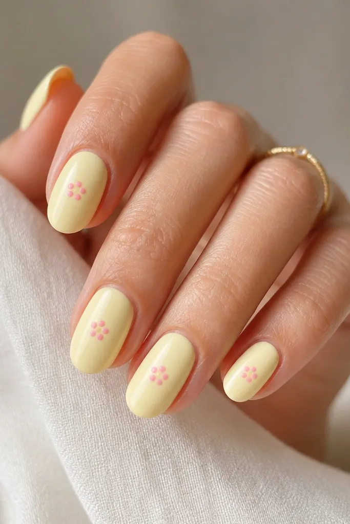Nails painted light yellow. Near the center or slightly toward the tip, there are 3-5 small pink dots arranged like a little flower or comma cluster.