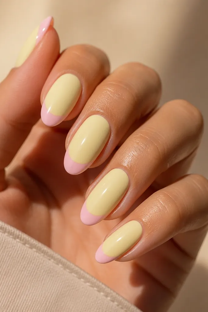 Short oval nails. The base is light yellow. The tips are painted soft pink in a classic French shape, slightly thicker at the center and thinner at the sides.