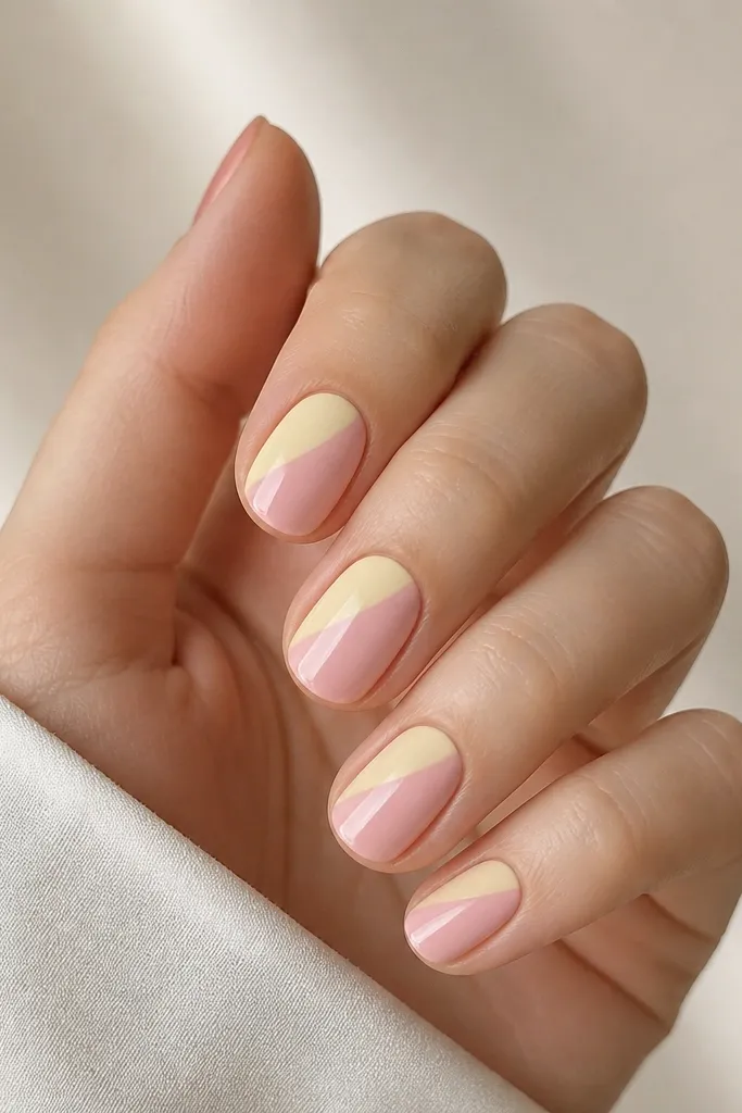 Nails with a pink base. On each nail, a light yellow shape covers the upper left or upper right portion like a diagonal swipe, leaving the other side pink.