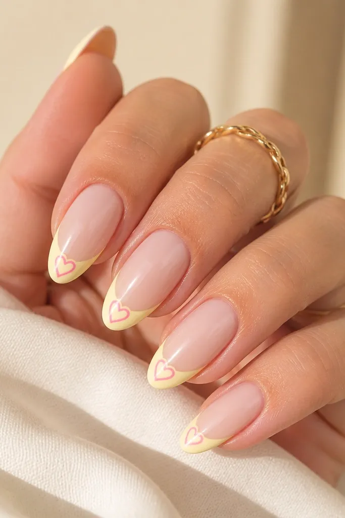 Nails are light yellow. At the tip area, there are small pink outline hearts, one or two per nail, with no fill color inside the hearts.