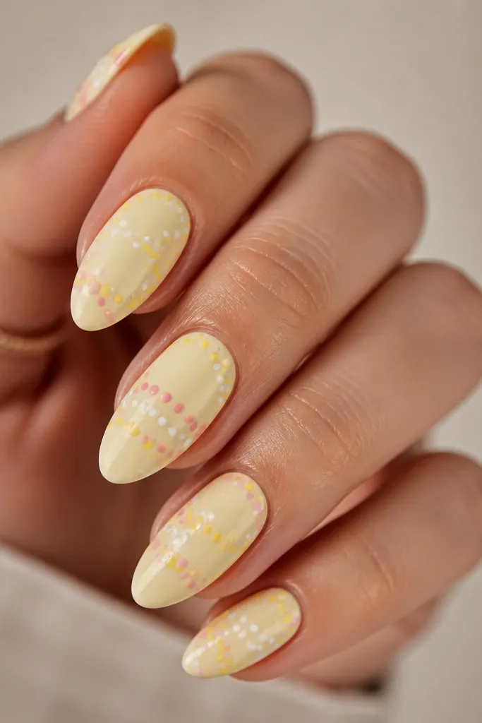 Light yellow nails with scattered tiny pink dots in different sizes. The dots spread across the middle and toward the tips like confetti.