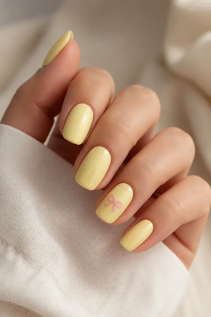 All nails are light yellow except one accent. The accent nail has a tiny pink bow shape near the center with two loops and a small knot in the middle.