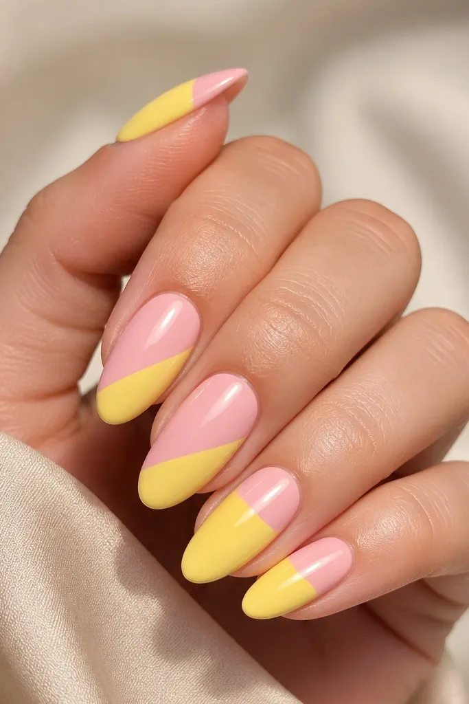 Alternating nails show light yellow and pink split diagonally. On one nail, pink is the bottom-right triangle; on the next, pink is the bottom-left triangle, creating a checker-like rhythm.