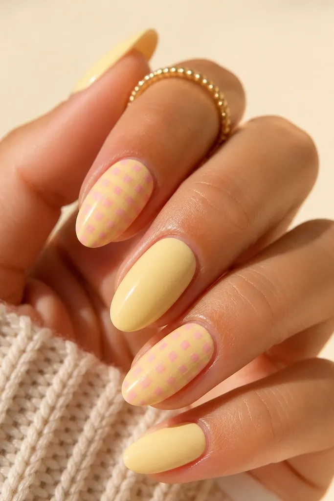 Light yellow nails with a small pink check pattern made from dots. The pattern sits near the tip and alternates dot placement like tiny checker squares.