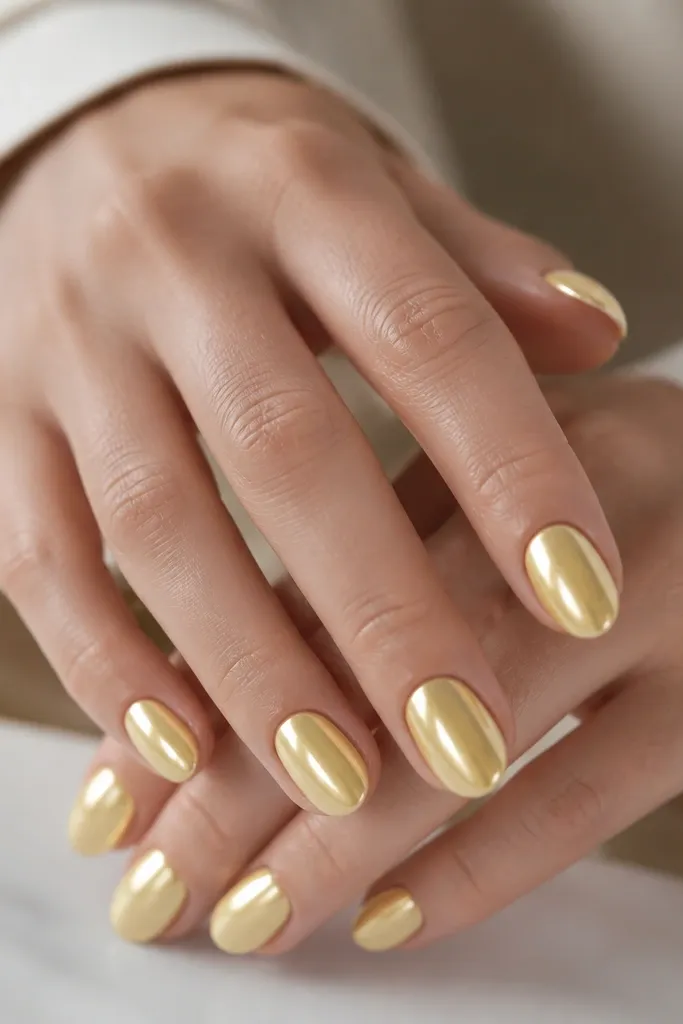 Hands with short soft-almond nails. The nails are coated in a milky pale yellow base with a bright mirror chrome finish, reflecting light like a polished coin. Each nail has full coverage chrome with no stripes.
