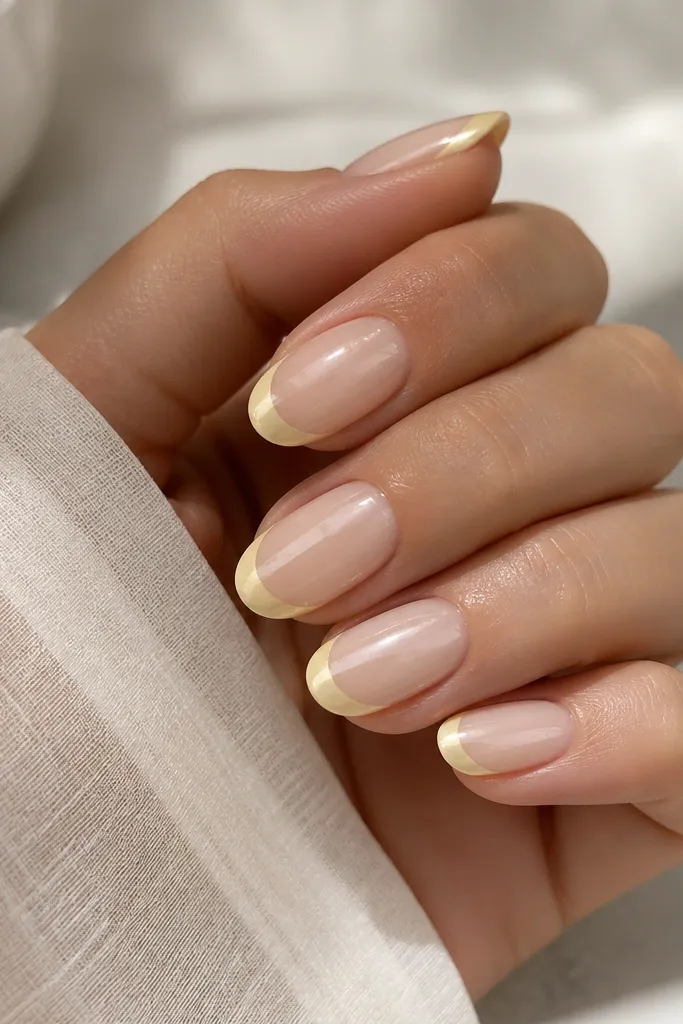 Nails with a sheer milky nude base. The French tips are painted a butter yellow, then finished with a mirror chrome that catches light. The tip line is crisp and slightly curved following the smile line.