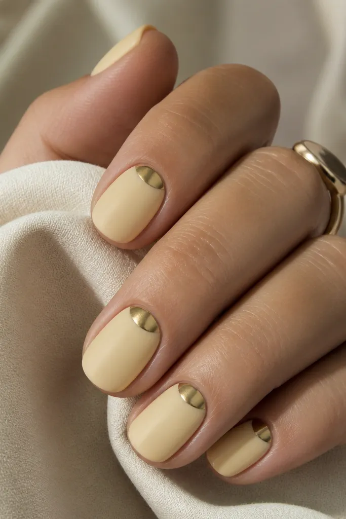Short rounded nails with a milky pale yellow base. The half-moon near the cuticle is a reflective mirror chrome in a slightly deeper warm yellow, with the rest of the nail left matte or satin.