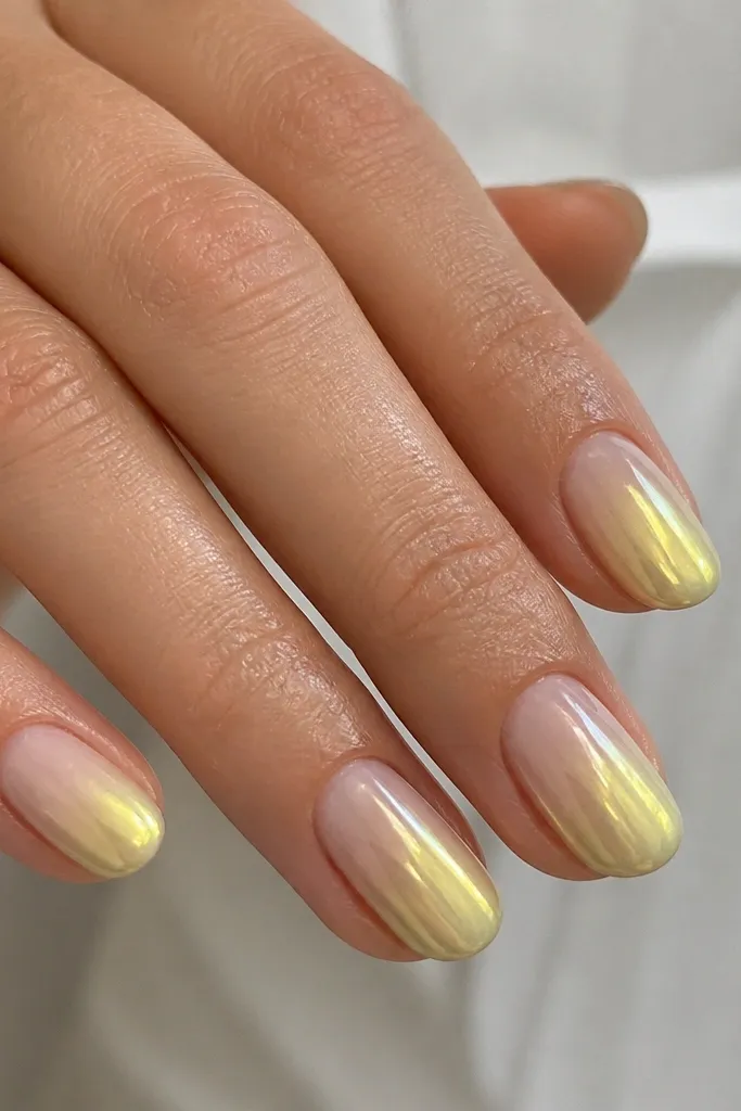 Nails with a smooth gradient from sheer at the cuticle to bright light yellow chrome at the tip. The chrome reflects most strongly near the free edge, fading lighter toward the base.