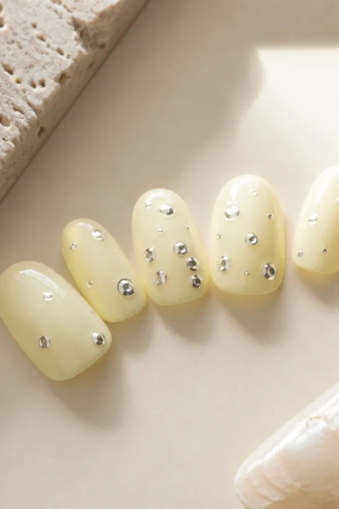 A milky pale yellow base with small scattered mirror chrome dots. The dots are clustered near the center and spread out toward the sides, with varied sizes.