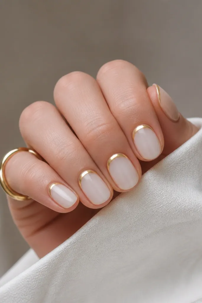 Rounded nails with a sheer milky base. A soft aura ring in warm light yellow surrounds the cuticle, and that aura ring is finished in mirror chrome. The rest of the nail is left satin.