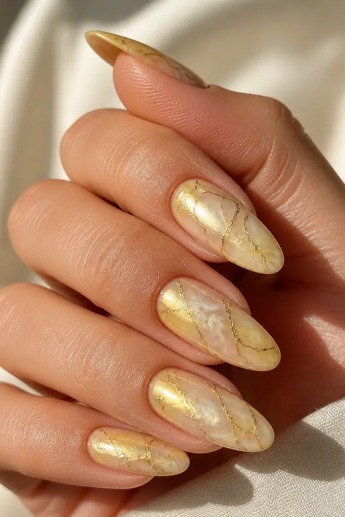 Nails with a milky pale yellow base. Fine, white and pale yellow marble veins run diagonally across each nail, and only the vein lines are finished with mirror chrome for a crackly sparkle.