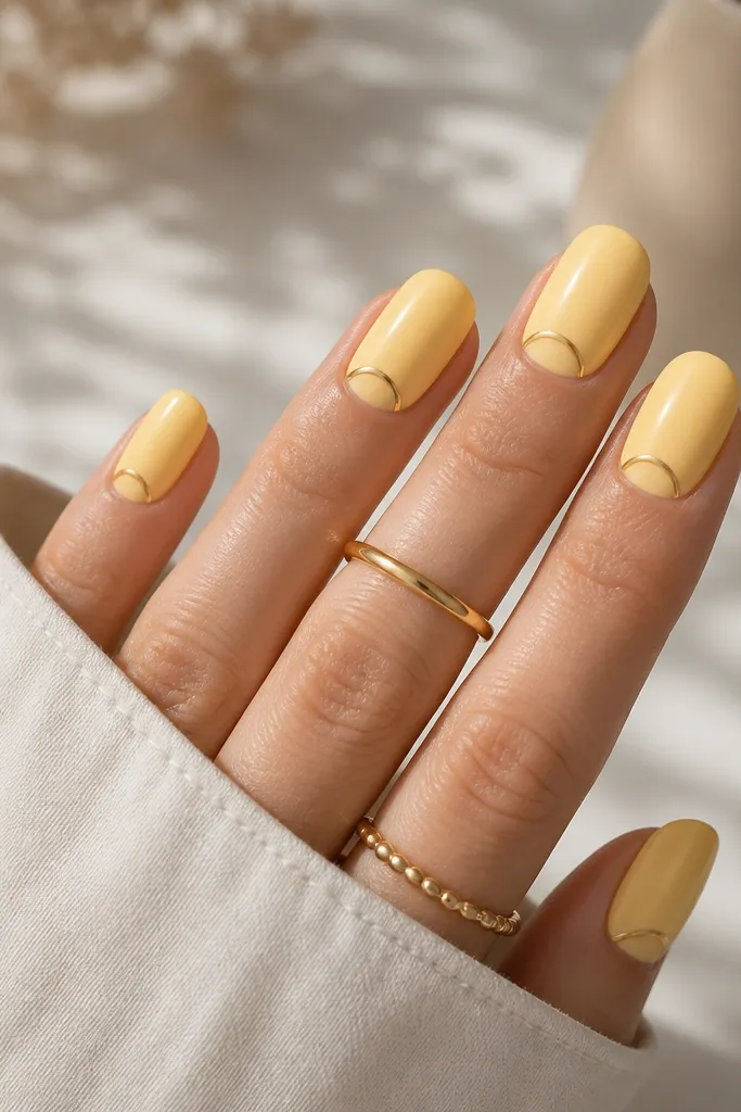 Nails painted in a matte warm light yellow. A thin mirror chrome outline traces a curved "sunrise" arc near the tip. The outline looks like a glowing border, not filled in.