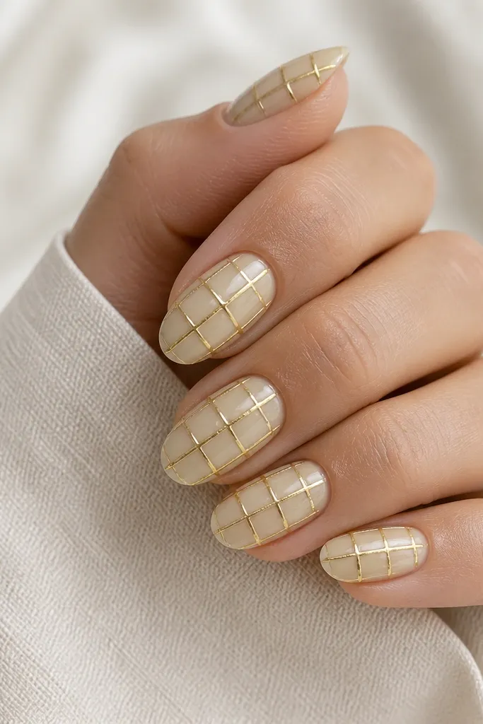 Nails with a translucent milky pale yellow base. Clear gel lines form a grid of squares, and each square edge has a mirror chrome finish in a warm yellow shade.