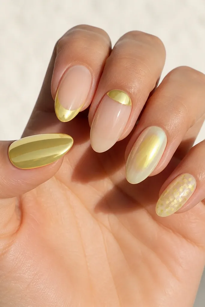One hand with five nails in different light yellow chrome styles: one full mirror, one chrome French tip, one half-moon chrome, one aura chrome, and one dot confetti. All share the same warm light yellow color family.