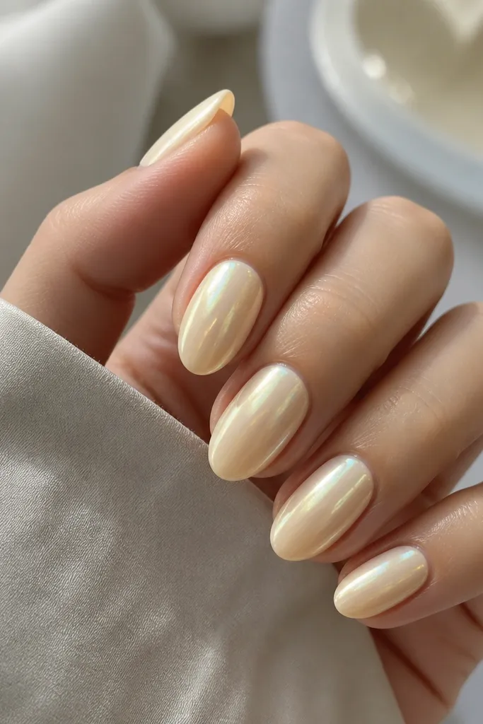 Nails with a milky pale yellow base and a pearl chrome finish that looks reflective but not mirror-bright. The surface shows a soft, shifting glow as the hand tilts.