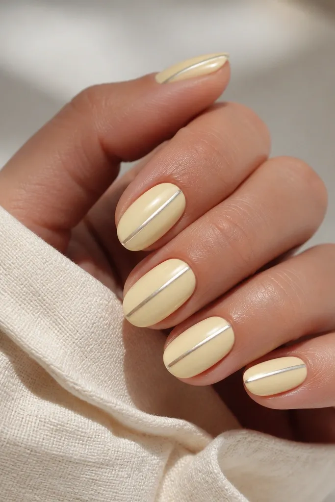 Nails painted milky pale yellow with a single vertical mirror chrome stripe running from near the cuticle to the tip. The stripe is centered and thin, about the width of a fine brush hair.