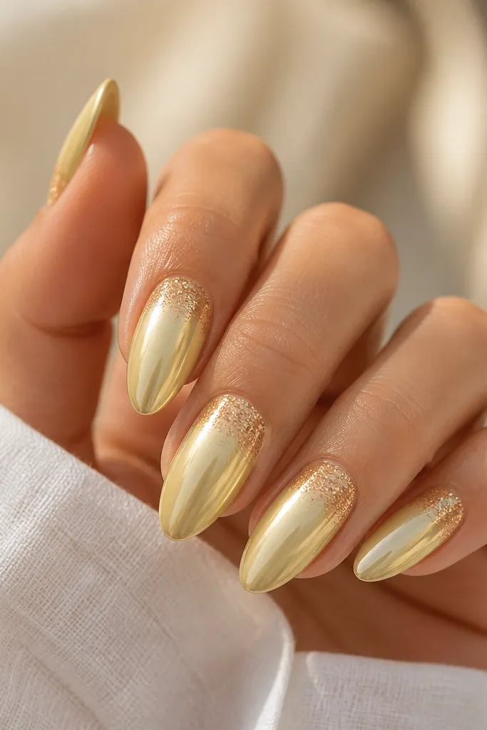 Nails with a milky pale yellow base. A soft glitter halo sits around the cuticle, and the glitter transitions into mirror chrome near the tip. The center of the nail stays smooth and pale.