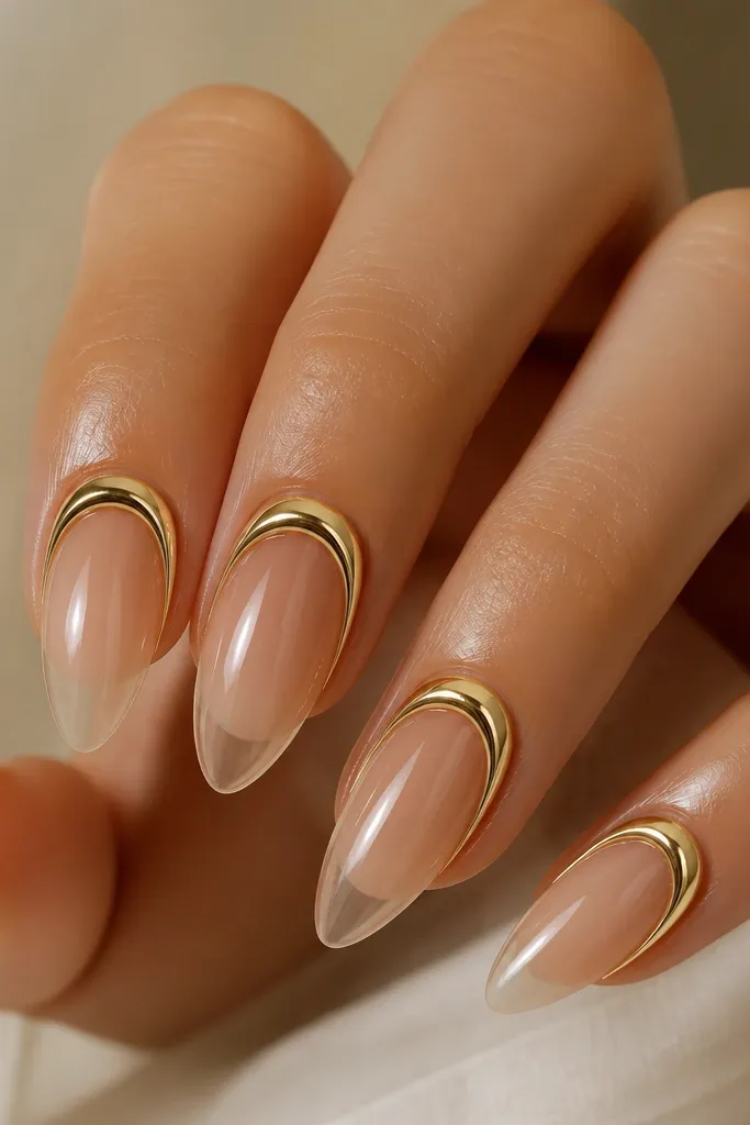 Clear or sheer nude nails with a chrome cuff around the cuticle - a reflective band following the nail curve. The rest of the nail is glossy sheer, not colored.