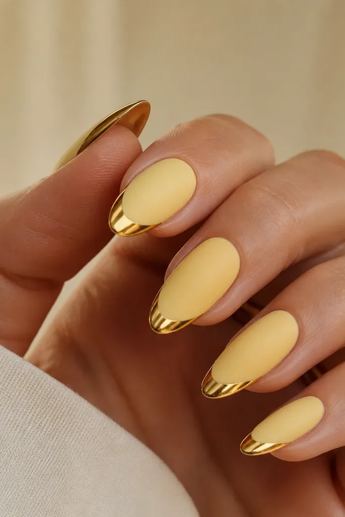 Nails are matte pale yellow overall. Only the extreme tip has a mirror chrome cap, like a thin rounded dome at the free edge.