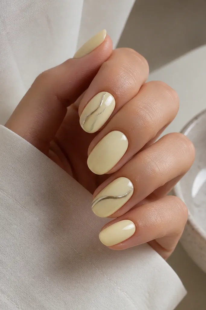 Nails in milky pale yellow. One or two nails have a thin mirror chrome swirl on a diagonal, like a ribbon crossing near the middle. Other nails are plain milky yellow with a soft gloss.