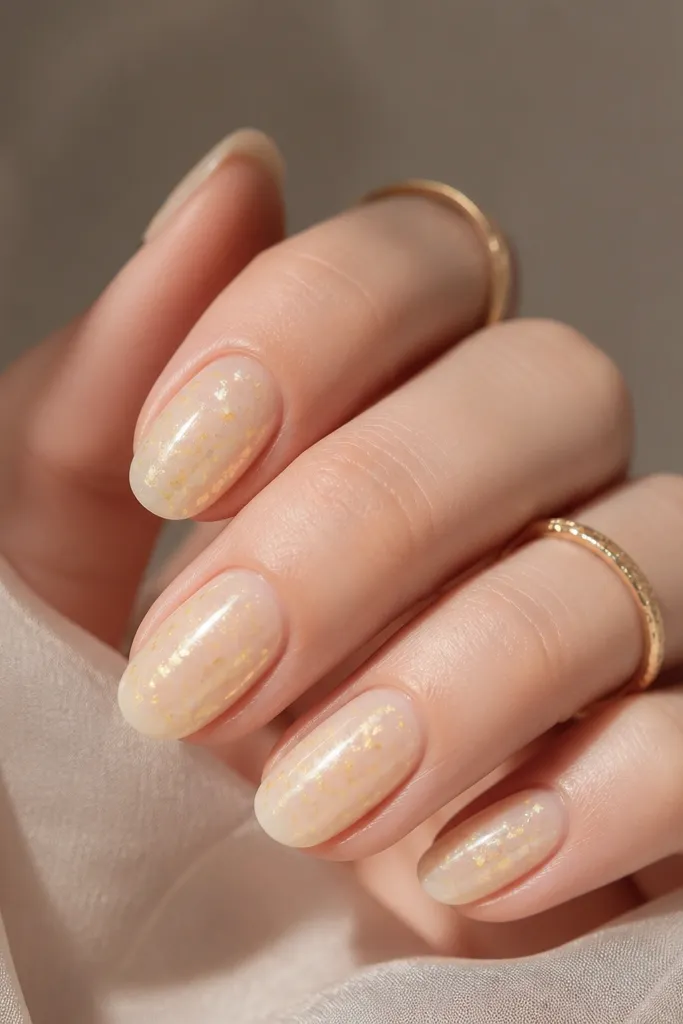 Light yellow nails with tiny reflective foil pieces scattered across the surface. The base stays milky, and the foil flecks look like scattered stars, with a gentle chrome shimmer.