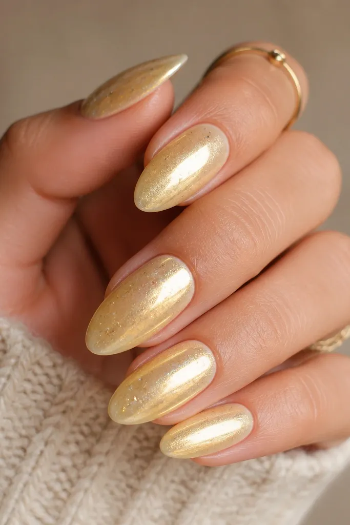 Nails have a milky pale yellow base. Mirror chrome speckles and tiny dots scatter across the nail like star dust, concentrated near the tips. The rest stays smooth and glossy.