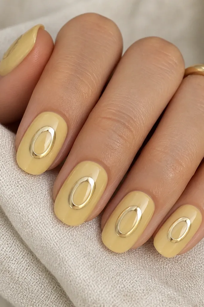Nails in glossy milky pale yellow. A donut ring shape is created near the center with mirror chrome, forming a curved loop that looks like a glazed doughnut.