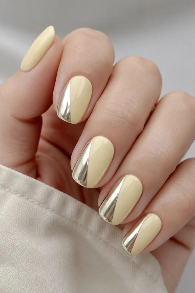 Nails painted milky pale yellow. A diagonal split goes from lower left to upper right, and one side is finished in mirror chrome while the other side stays glossy pale yellow.