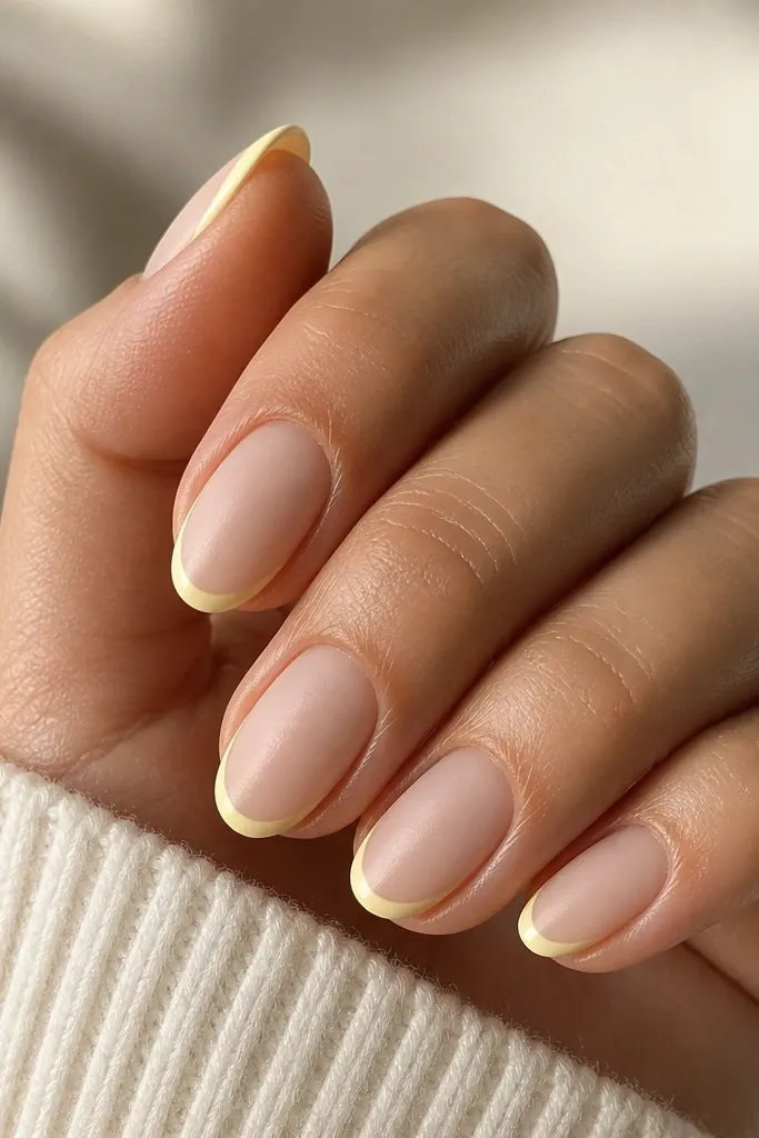 A set of short almond nails with a creamy butter-yellow French tip. The smile line is very thin and sits close to the nail edge. The rest of the nail is sheer nude with a satin finish.