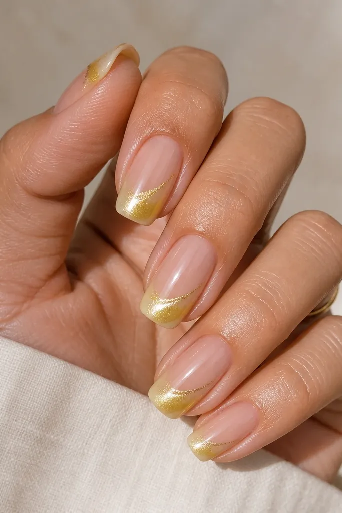 Medium squoval nails where the tip is a pale yellow cat-eye gel angled diagonally. The base is clear nude. A subtle dark-gold shift line runs through the yellow tip.