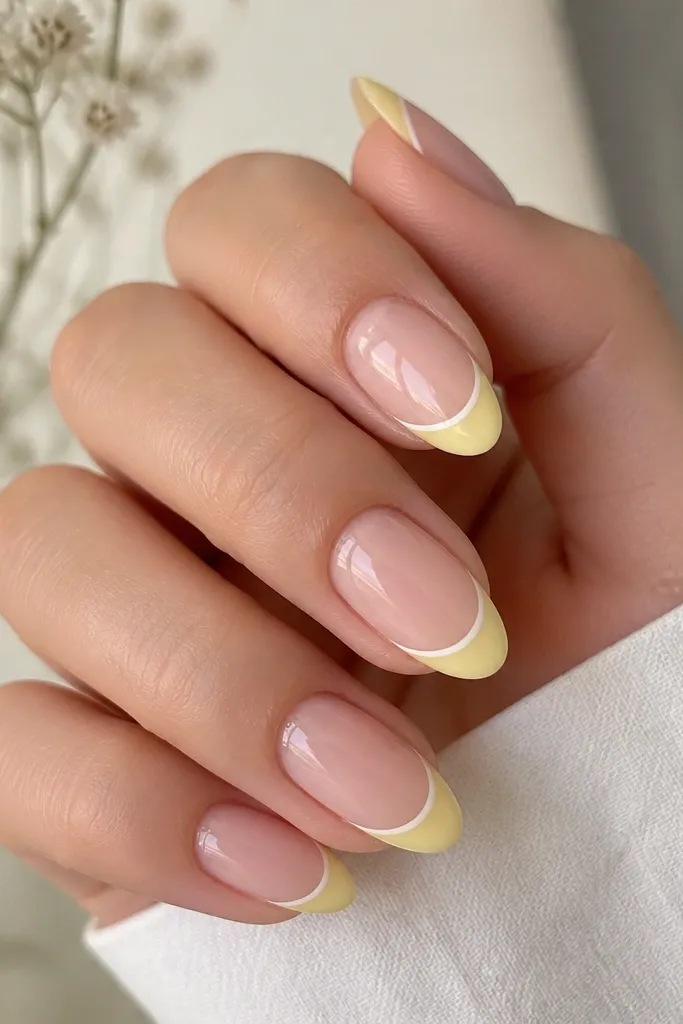 Short almond nails with a soft lemon-yellow French tip. A hairline white outline follows the smile curve. The rest of the nail is sheer pink with glossy shine.