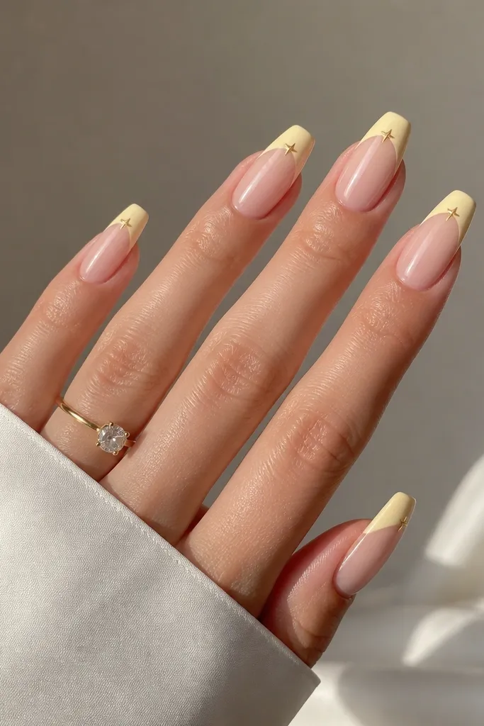 Medium coffin nails with a pastel yellow French tip. Inside the tip near the center are two tiny gold star decals. Base is nude glossy.