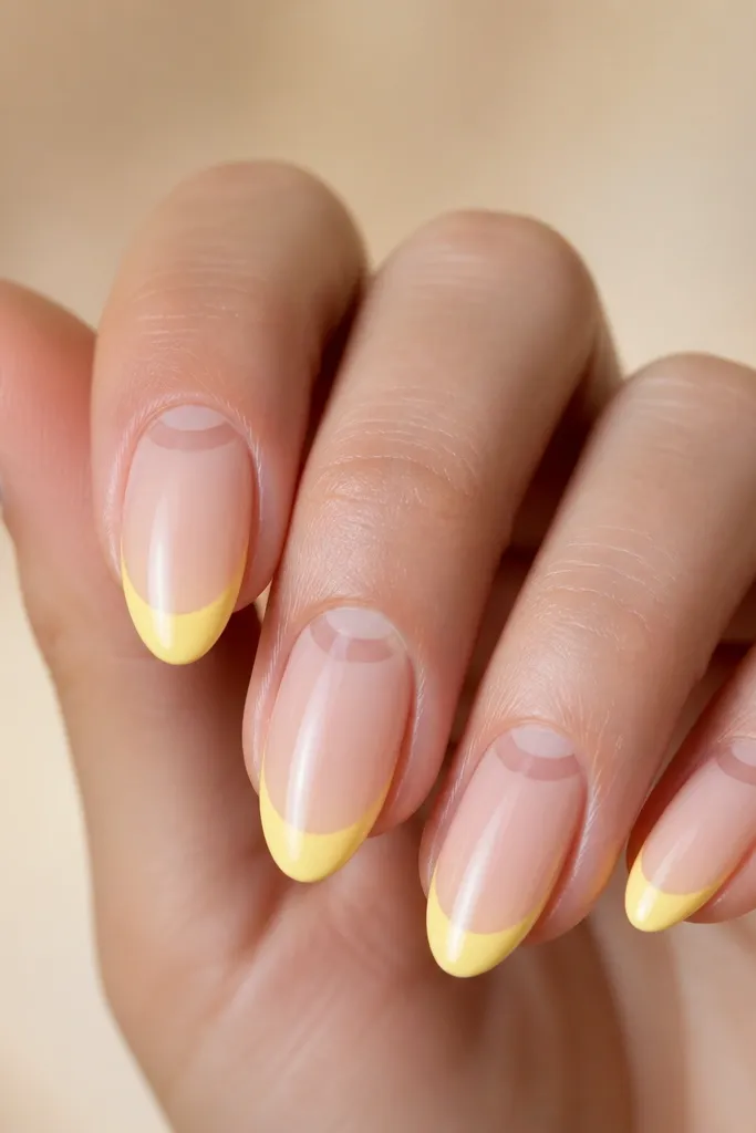 Medium almond nails with a daffodil yellow tip that leaves a half-moon clear gap near the smile line. The base is sheer nude. The negative space is centered and clean.