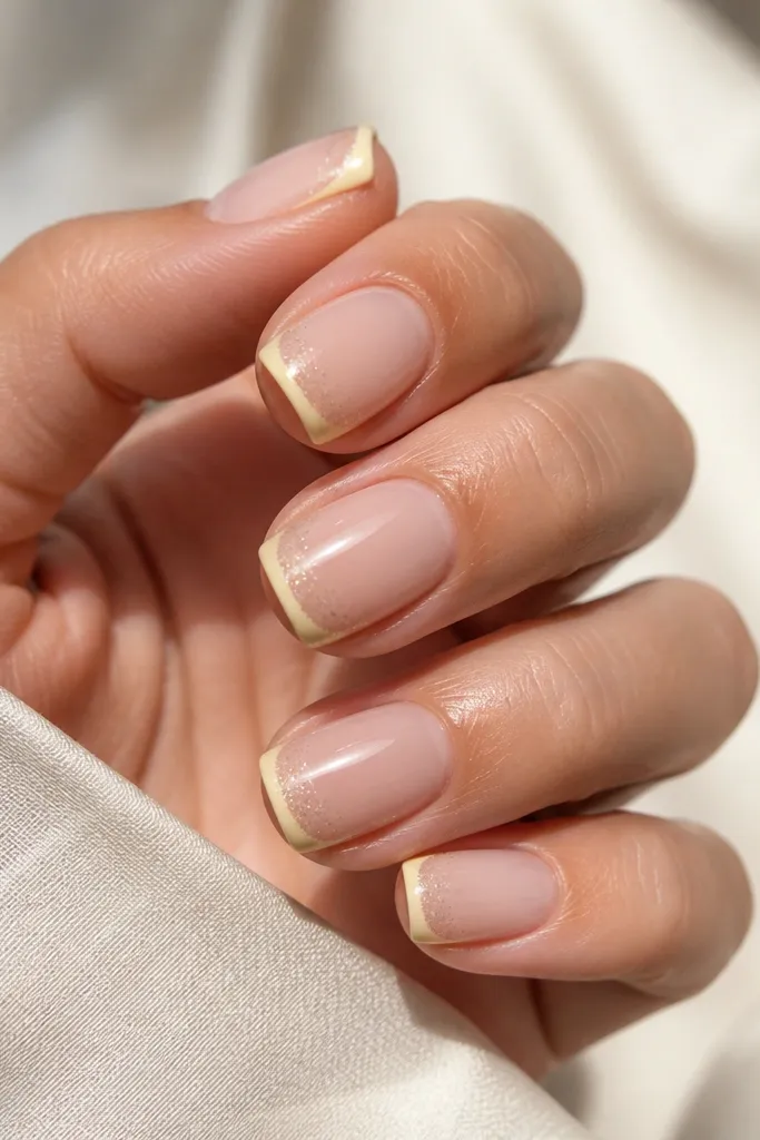 Short squoval nails with a light yellow French tip. At the outer edge of the tip, there's a subtle micro glitter fade that thins toward the center. Base is nude glossy.