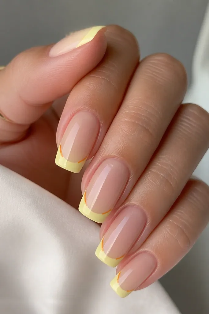 Medium squoval nails featuring a pale sunburst yellow French tip. Two tiny orange strokes sit in the top corners of the tip near the smile line. Base is sheer nude glossy.