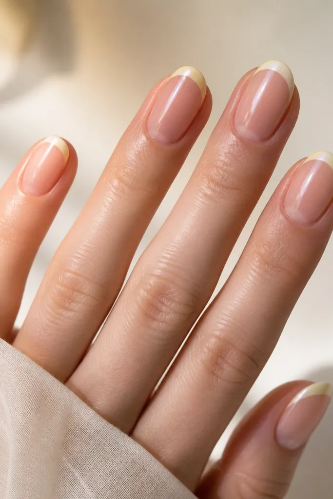 Short oval nails with a pale yellow French tip. The tip has a pearlized sheen that shifts slightly. Base is sheer pink glossy but not mirror-shiny.