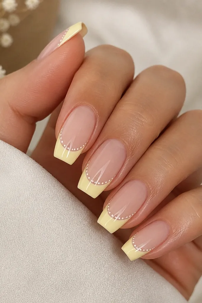 Medium coffin nails with a butter yellow French tip. One row of tiny white dots runs along the smile line. Base is nude glossy.