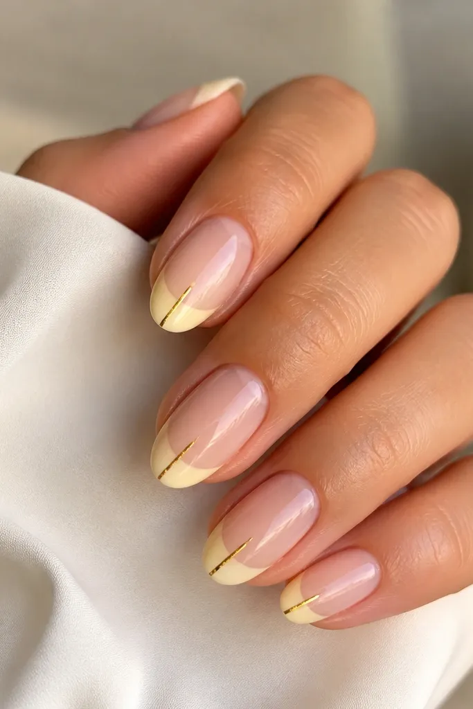Short almond nails with light yellow French tips. A single thin gold foil strip runs vertically down the center of each tip. Base is sheer nude glossy.