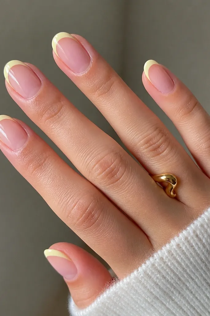 Clear nude nails with a pale yellow French that is mostly an outline. The smile curve is filled with pale yellow gel, but the inside is sheer. The outline looks crisp and thin.
